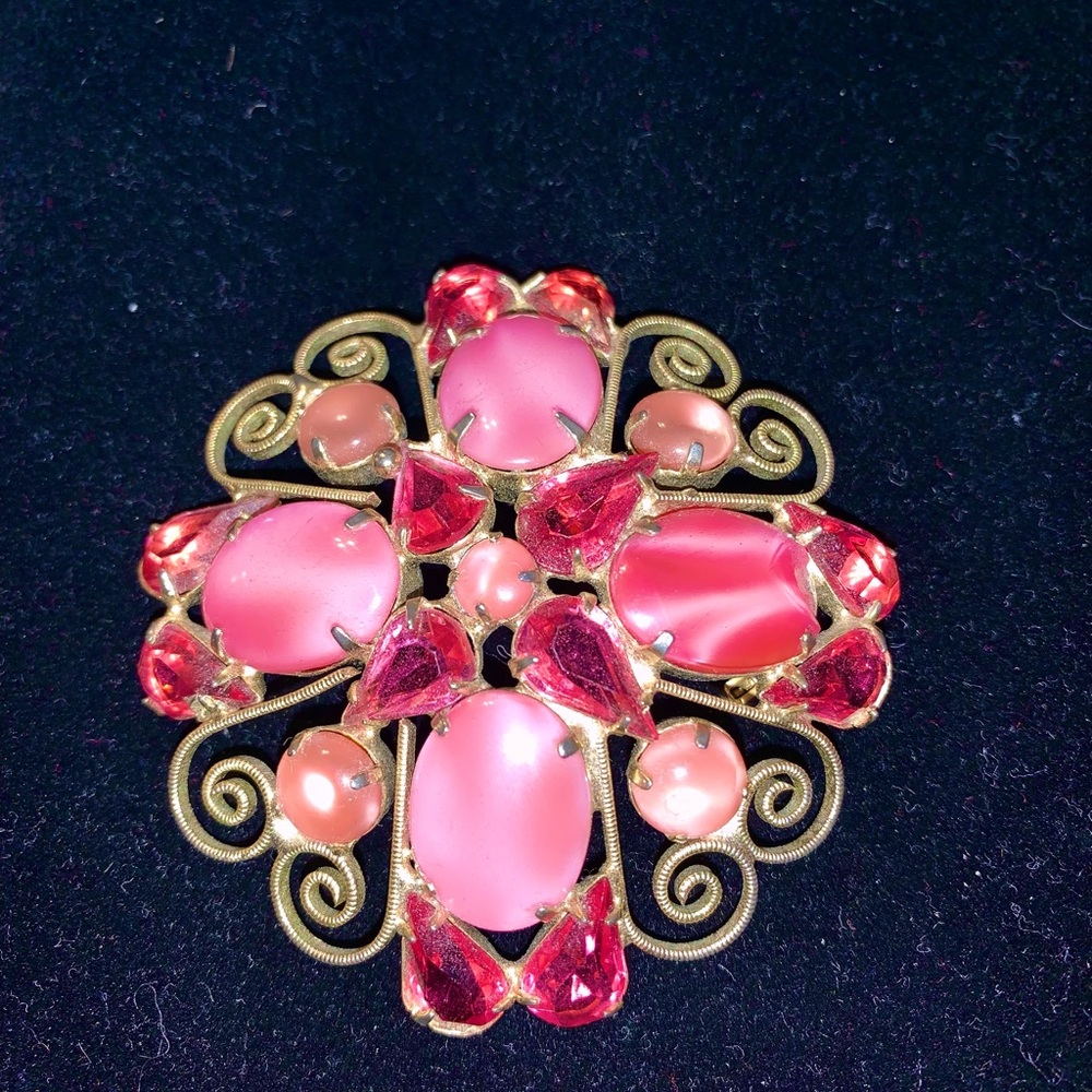 Vintage Pink Moonstones and Rhinestone brooch gold tone with